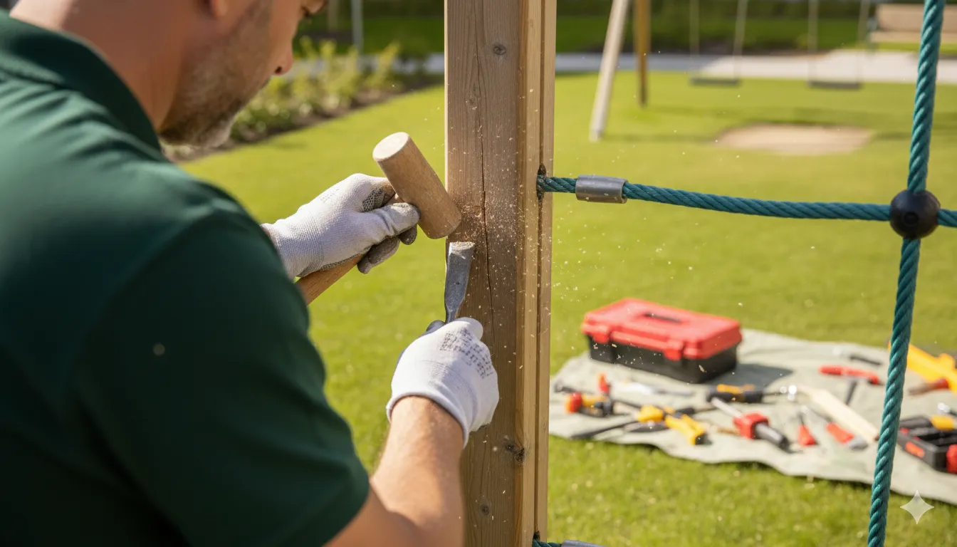 Reparatur eines Holzelements an einem Spielgerät