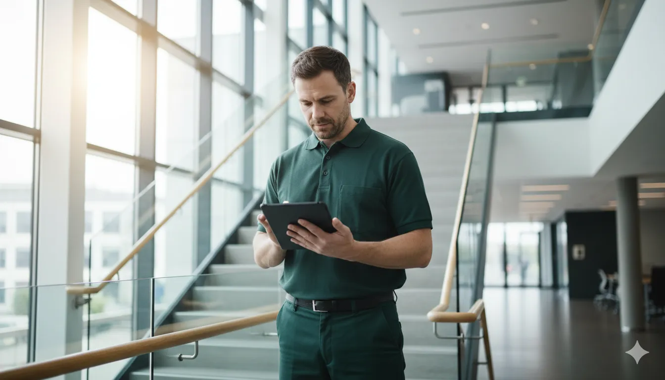 Hausmeister bei der Objektkontrolle in einem Mehrfamilienhaus