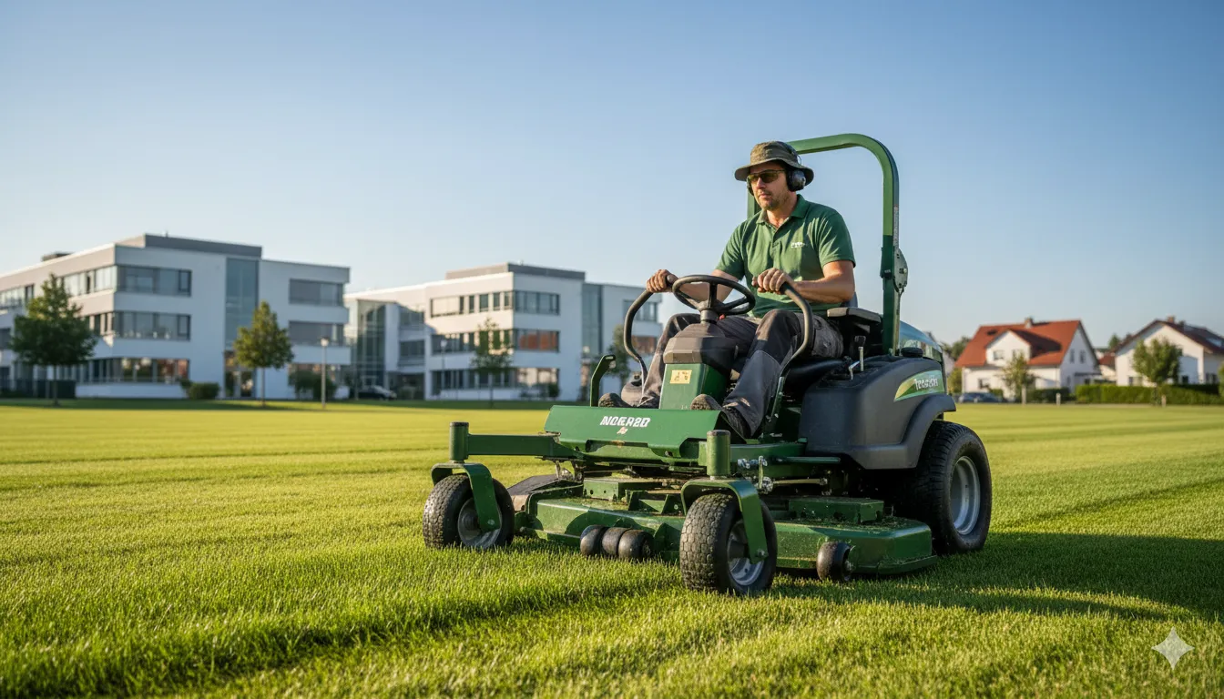Grünpflege mit Motorsense auf einem Gewerbegrundstück