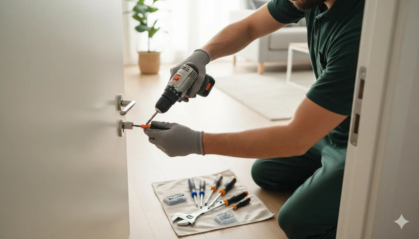 Kleinreparatur an einer Tür in einem Wohnobjekt