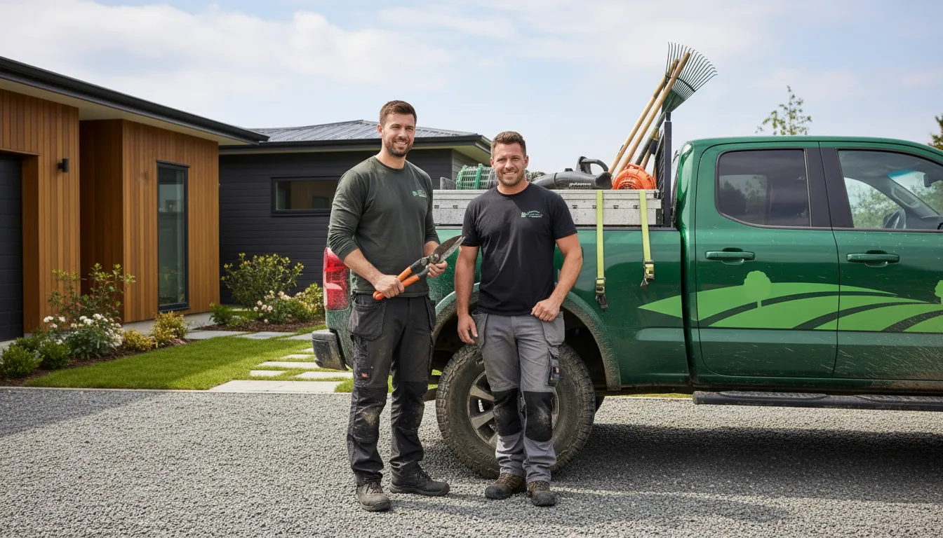 Mitarbeiter vor dem Firmenwagen